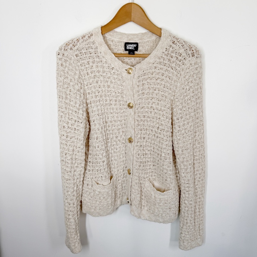 Lands' End Cream Button-Up Women's Cardigan Sweater Medium Ivory Jackie O